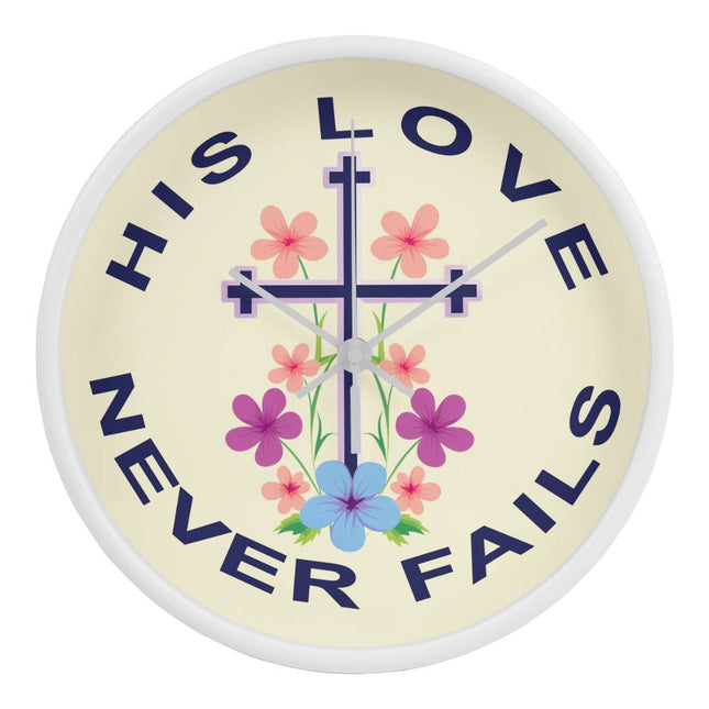 His Love Never Fails Wood Frame Wall Clock | 10 Inch | Christian Decor