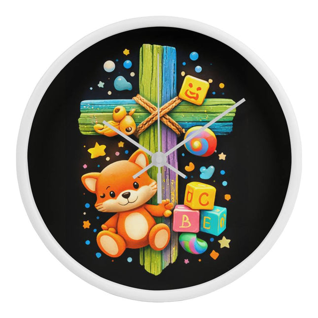 Kitten & ABC Blocks Rainbow Cross Wall Clock – Christian Gift for Kids
