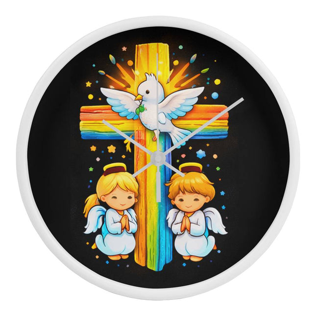 Dove & Praying Angels Rainbow Cross Wall Clock – Christian Gift for Kids