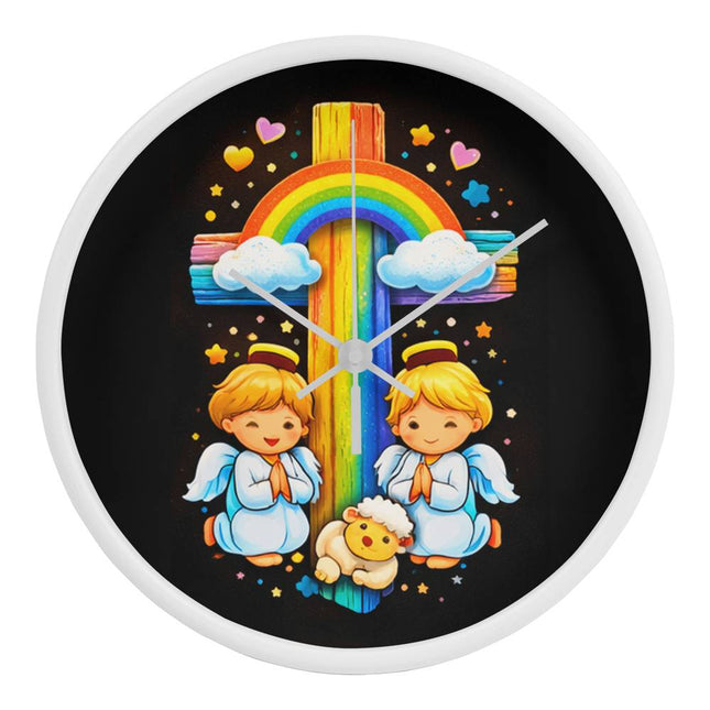 Angels & Lamb Rainbow Cross Wall Clock – Christian Gift for Kids