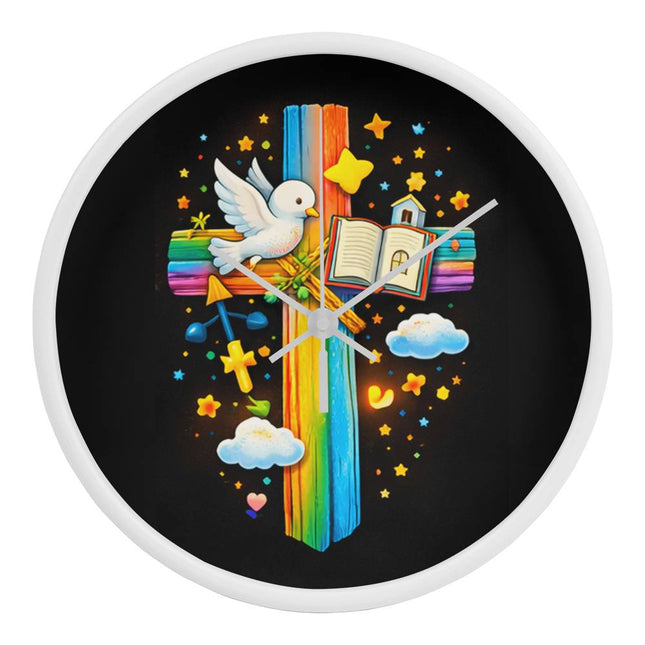 Dove & Open Bible Rainbow Cross Wall Clock – Christian Gift for Kids