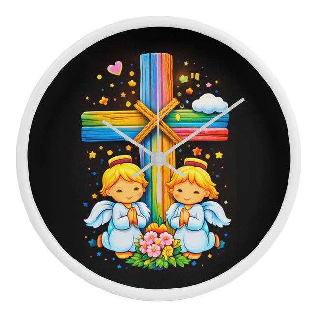 Praying Angels Rainbow Cross Wall Clock – Christian Gift for Kids