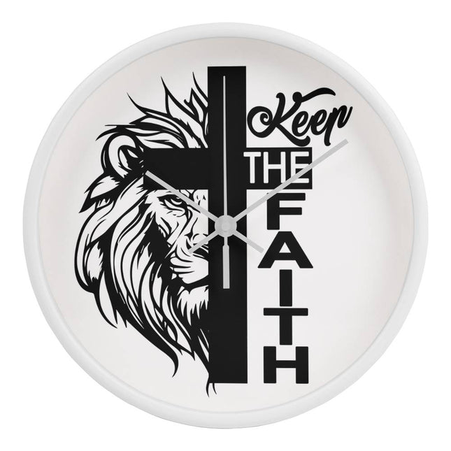 Keep the Faith Lion Cross Wood Frame Wall Clock | 10 Inch | Christian Decor