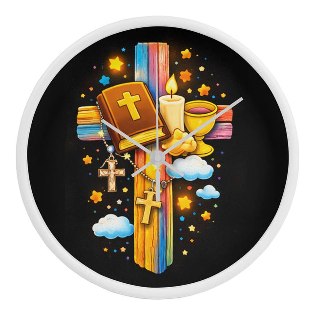 First Communion Bible & Chalice Rainbow Cross Wall Clock – Christian Gift for Kids