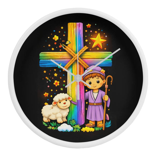 Shepherd Boy & Lamb Rainbow Cross Wall Clock – Christian Gift for Kids