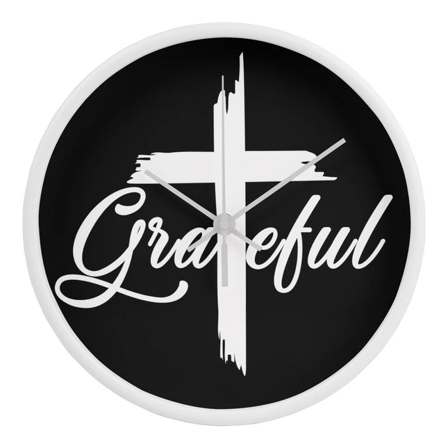Grateful Cross Wood Frame Wall Clock | 10 Inch | Christian Home Decor