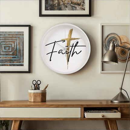 Faith Cross Gold Christian Wall Clock | 10" Wood Frame Decor