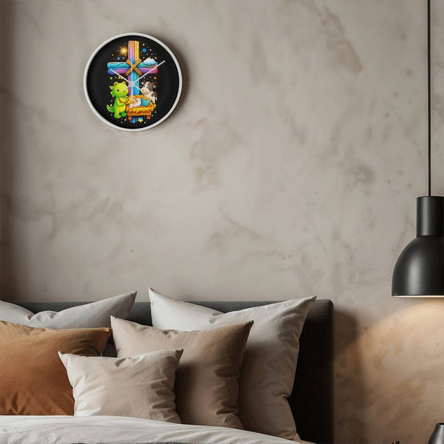 Baby Jesus Nativity & Dino Rainbow Cross Wall Clock – Christian Gift for Kids