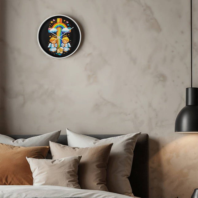 Angels & Lamb Rainbow Cross Wall Clock – Christian Gift for Kids