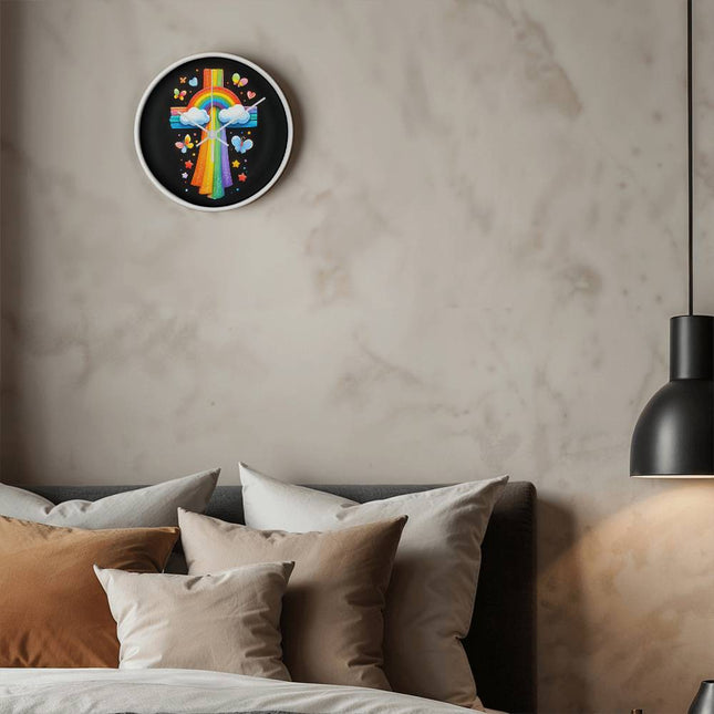 Rainbow & Clouds Cross Wall Clock – Christian Gift for Kids