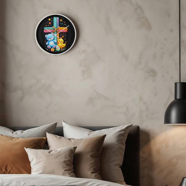 Rainbow Cross Teddy Bear & Chick Wall Clock – Christian Gift for Kids