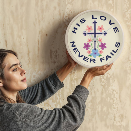 His Love Never Fails Wood Frame Wall Clock | 10 Inch | Christian Decor