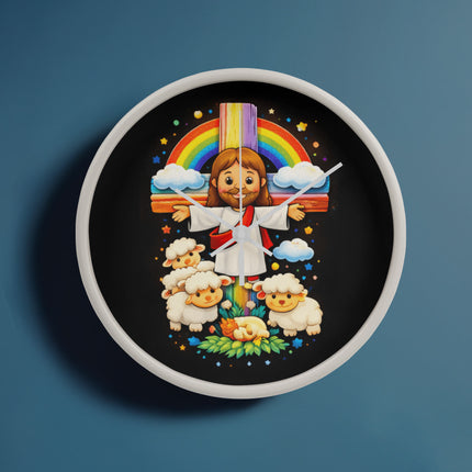 Jesus With the Sheep - Wood Frame 10” Clock – Christian Gift for Kids