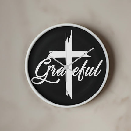 Grateful Cross Wood Frame Wall Clock | 10 Inch | Christian Home Decor