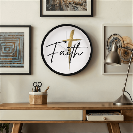 Faith Cross Gold Christian Wall Clock | 10" Wood Frame Decor