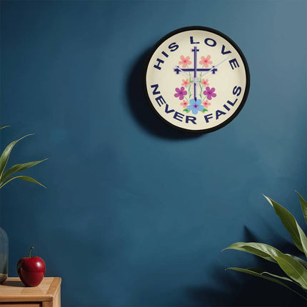 His Love Never Fails Wood Frame Wall Clock | 10 Inch | Christian Decor