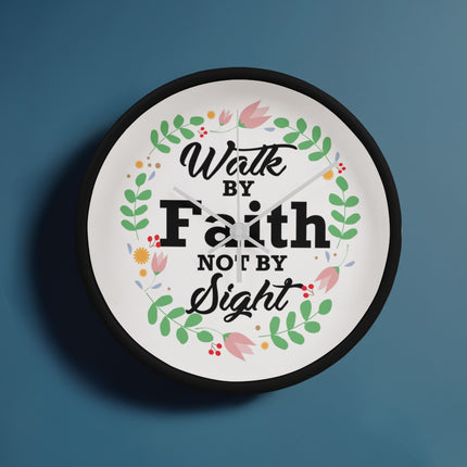 Walk by faith not by sight 10 inch wood frame wall clock with floral wreath and black typography on white face – Christian home decor