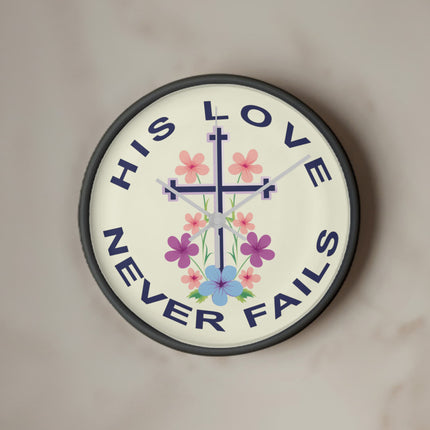 His Love Never Fails Wood Frame Wall Clock | 10 Inch | Christian Decor