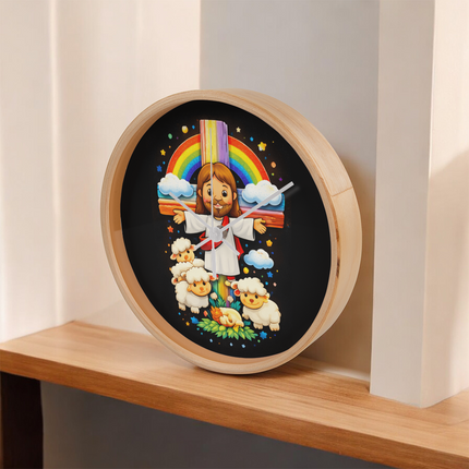 Jesus With the Sheep - Wood Frame 10” Clock – Christian Gift for Kids