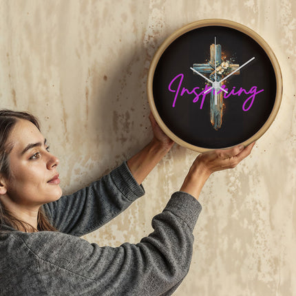 Inspiring Heart Cross Wood Frame Clock – Christian Gift for Women