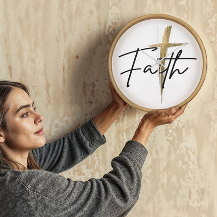 Faith Cross Gold Christian Wall Clock | 10" Wood Frame Decor
