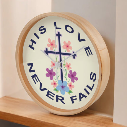 His Love Never Fails Wood Frame Wall Clock | 10 Inch | Christian Decor
