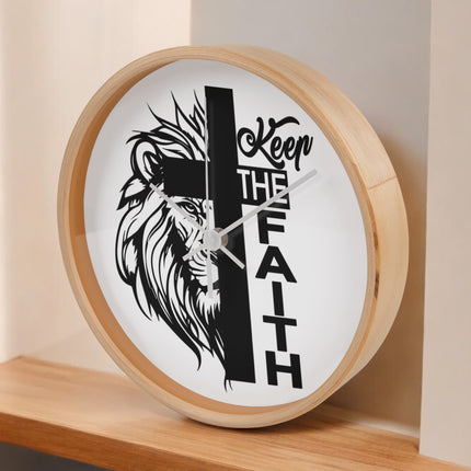 Keep the Faith Lion Cross Wood Frame Wall Clock | 10 Inch | Christian Decor