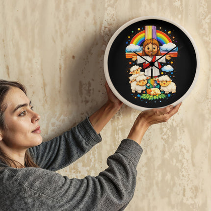 Jesus With the Sheep - Wood Frame 10” Clock – Christian Gift for Kids