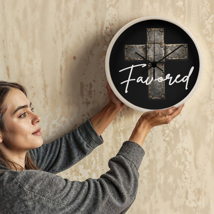 Favored Cross Wood-Frame Wall Clock – Christian Gift for Men