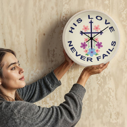 His Love Never Fails Wood Frame Wall Clock | 10 Inch | Christian Decor