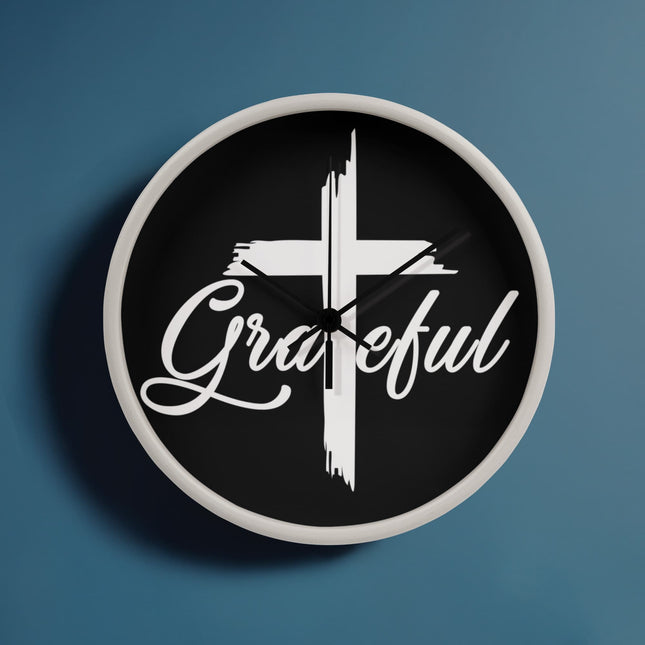 Grateful Cross Wood Frame Wall Clock | 10 Inch | Christian Home Decor