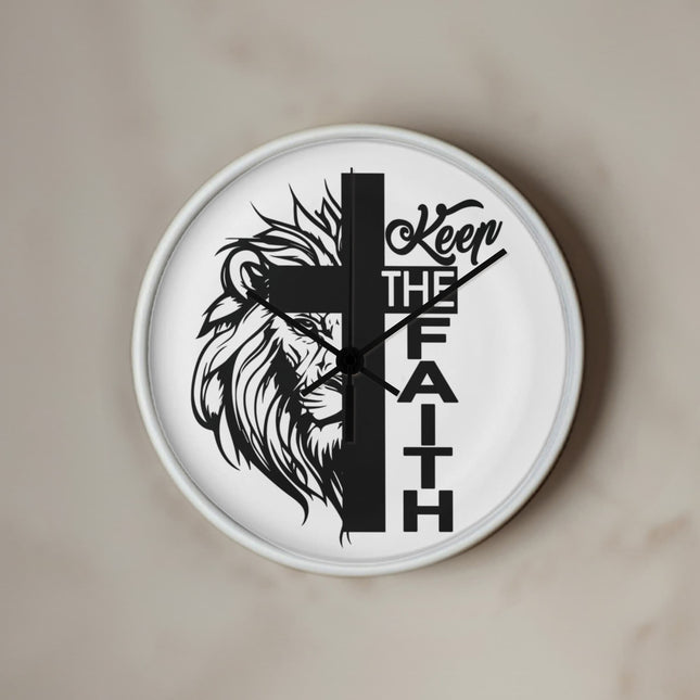 Keep the Faith Lion Cross Wood Frame Wall Clock | 10 Inch | Christian Decor