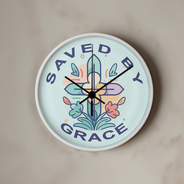 Saved by Grace Wood Frame Wall Clock | 10 Inch | Christian Home Decor