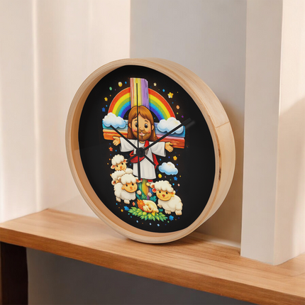 Jesus With the Sheep - Wood Frame 10” Clock – Christian Gift for Kids