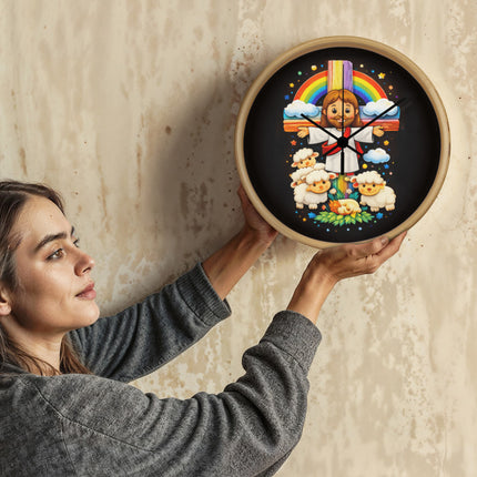 Jesus With the Sheep - Wood Frame 10” Clock – Christian Gift for Kids