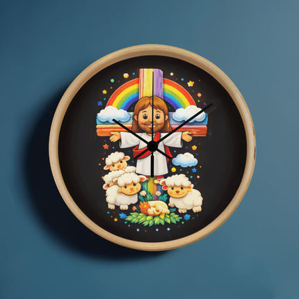 Jesus With the Sheep - Wood Frame 10” Clock – Christian Gift for Kids