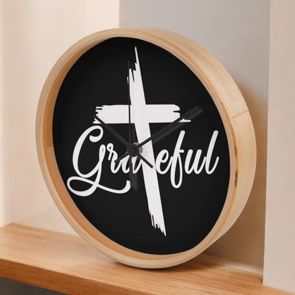 Grateful Cross Wood Frame Wall Clock | 10 Inch | Christian Home Decor
