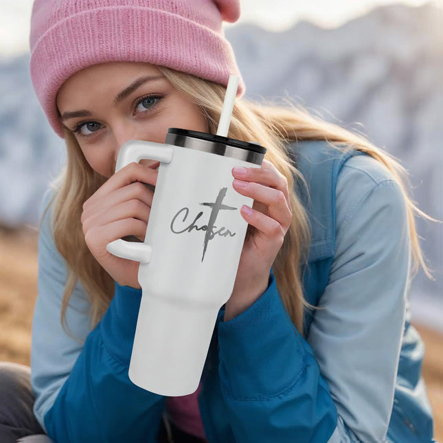 White 40oz Christian tumbler with handle engraved with cross and the word “Chosen” faith design