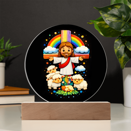 Jesus & Little Lambs - Circle Acrylic Plaque - Gift for Kids