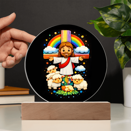 Jesus & Little Lambs - Circle Acrylic Plaque - Gift for Kids
