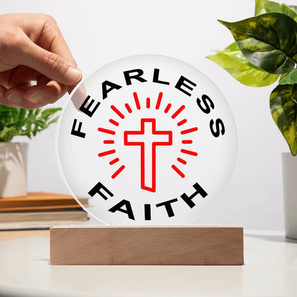 Fearless Faith Circle Acrylic Plaque | Red Cross Rays | Clear