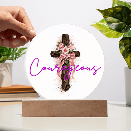 Courageous Heart Cross Circle Acrylic Plaque – Christian Gift for Women