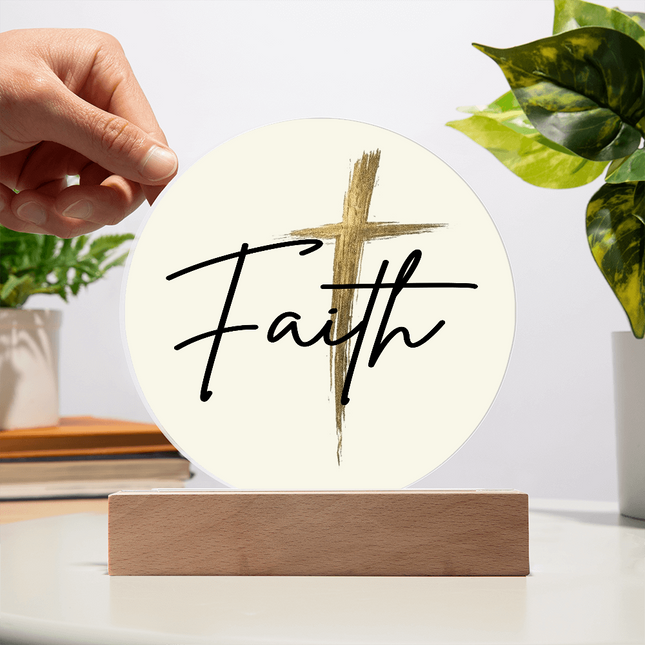 Faith Cross Gold Circle Acrylic Plaque | Christian Desk Decor Sign