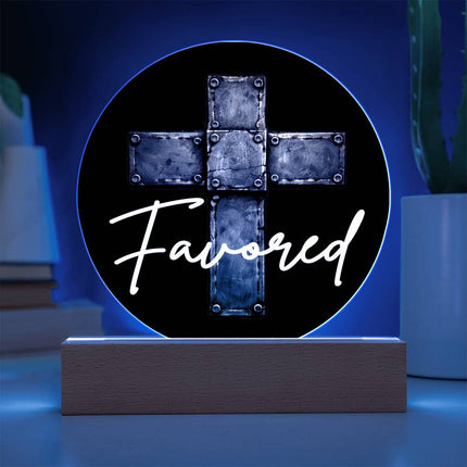 Favored Cross LED Acrylic Circle Plaque – Christian Gift for Men