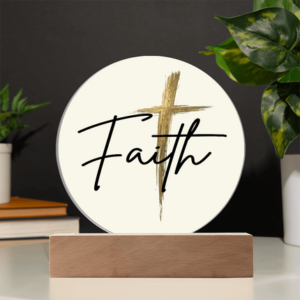 Faith Cross Gold Circle Acrylic Plaque | Christian Desk Decor Sign