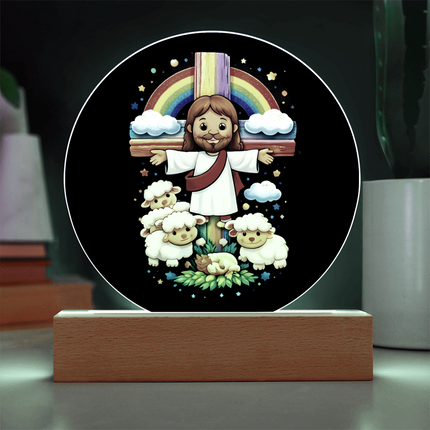Jesus & Little Lambs - Circle Acrylic Plaque - Gift for Kids