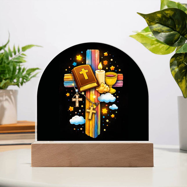 First Communion Bible & Chalice Rainbow Cross Dome Acrylic Plaque – Christian Gift for Kids
