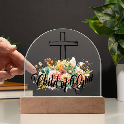 Child of God Acrylic Dome Plaque | Floral Cross | Clear