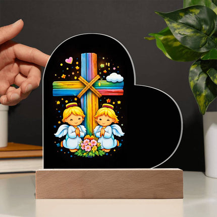 Rainbow Cross Angel Twins | Christian Heart Acrylic Plaque | Gift for Kids