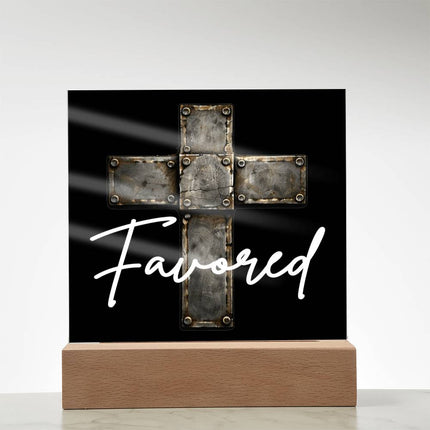 Favored Cross LED Acrylic Square Plaque – Christian Gift for Men